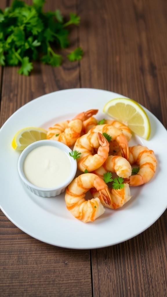 Weight Watchers Air Fryer Shrimp Recipe Crispy air fryer shrimp garnished with parsley and lemon on a rustic table.